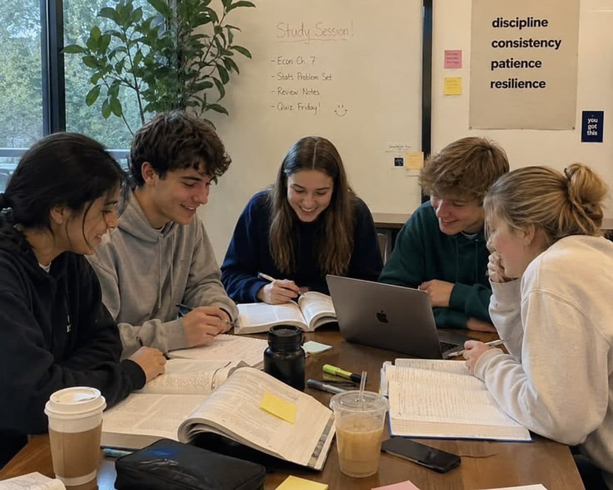 A group of five students studying together around a table covered in notebooks