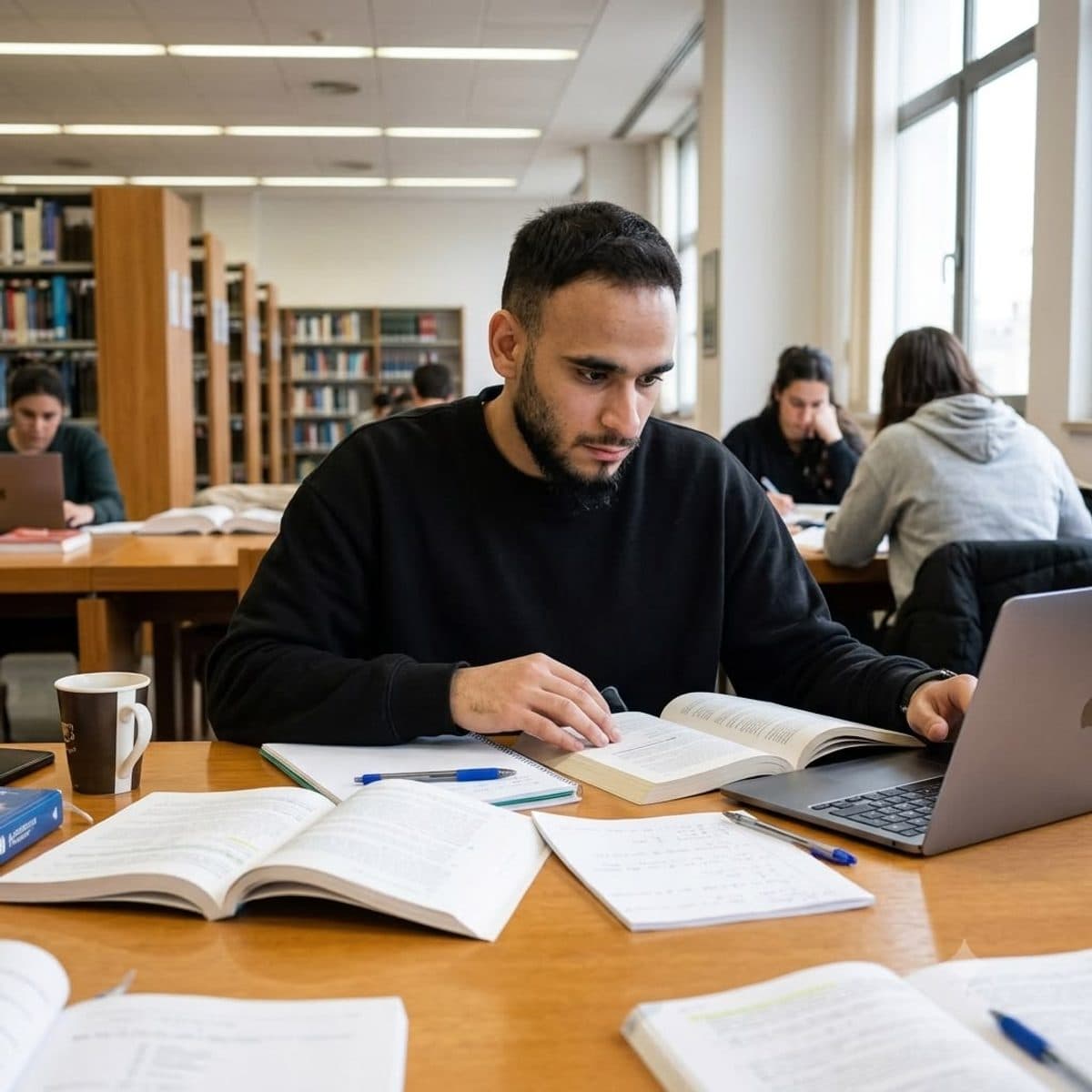 A student studying alone at a library desk
